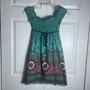 Speechless Boho Dress Girls 10 Teal Green Floral Smocked Cap Sleeve Cottagecore